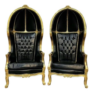 Balloon Chair French Style Black Leather High-Back Canopy Lacquer Chair Set of 2 For Sale