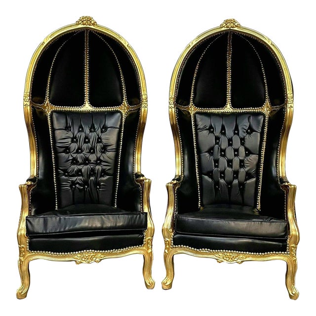Balloon Chair French Style Black Leather High-Back Canopy Lacquer Chair Set of 2 For Sale