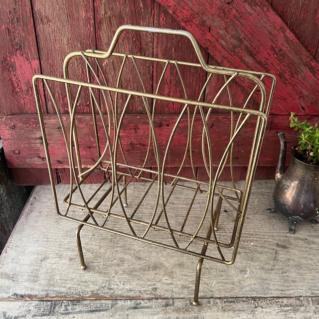 Vintage Brass Magazine Rack With Mid-Century Modern Design Wire Frame For Sale - Image 9 of 13