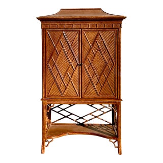 Vintage Coastal Woven Rattan Pagoda Armoire For Sale