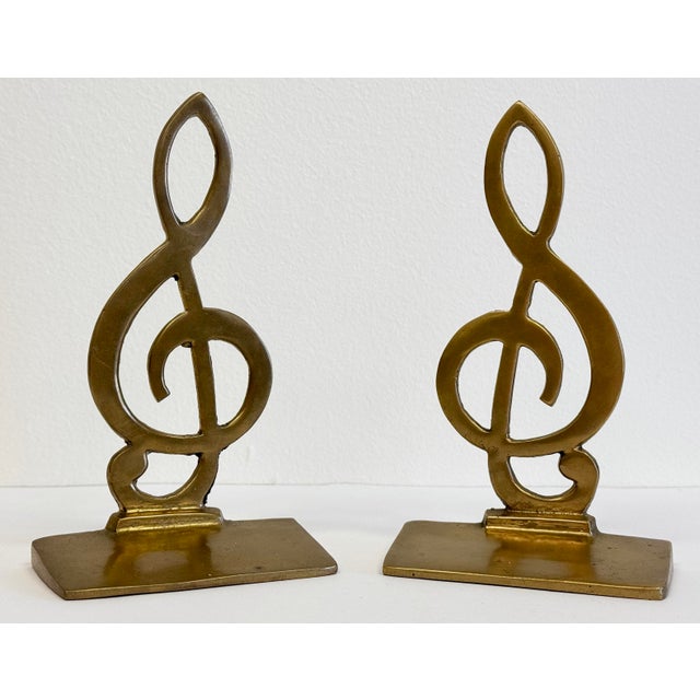 Mid-Century Modern Vintage Brass Treble Clef Bookend Pair For Sale - Image 3 of 5