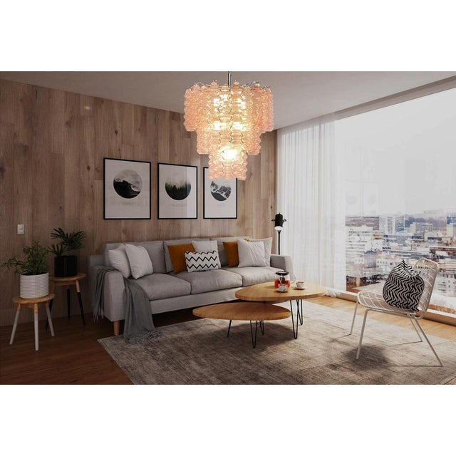 Glass Three-Tier Murano Glass Tube Chandelier with 48 Pink Glasses, 1989 For Sale - Image 7 of 18