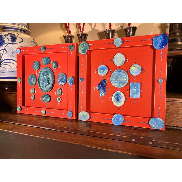 Grand Tour Pair of Neoclassical Grand Tour Style Faux Blue Faience Intaglio Set in Hand Painted Red & Blue Frames For Sale - Image 3 of 12