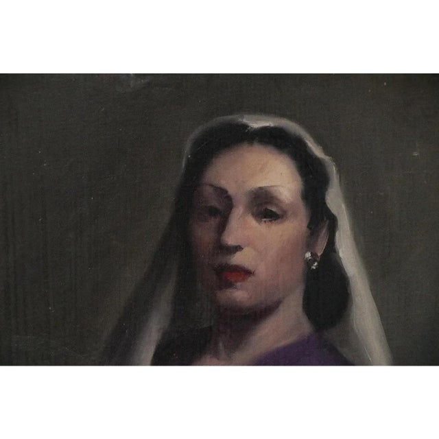 English Mid 20th Century Oil on Canvas Portrait Painting of a Veiled Lady For Sale - Image 3 of 7