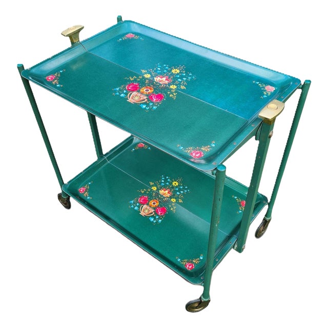 Folding Green Trolley with Floral Decor, 1960s-1970s For Sale
