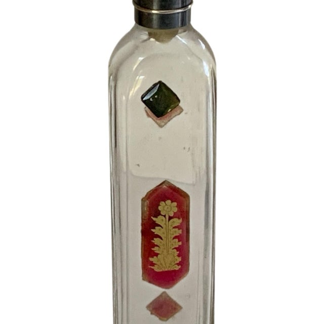 Antique Bohemian Jeweled Glass Pocket Scent Bottle Hinged Silver Cap Intact Ground Glass Stopper Made in Czech c.1890....