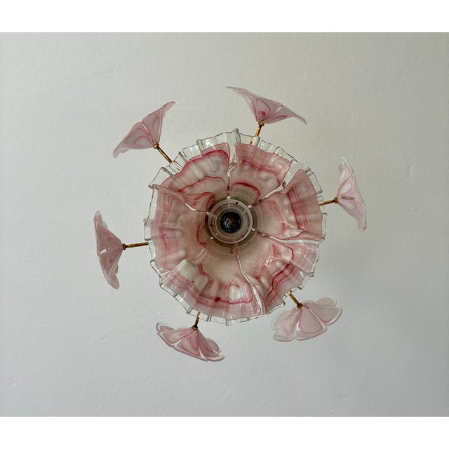 Vintage Murano Glass Ruffled Floral Pendant Light – Pink Swirl & Daisy Shades For Sale - Image 16 of 18