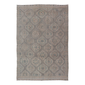 Vintage Turkish Embroidered Rug With Geometric Diamond Design in Green, 6'5 X 10