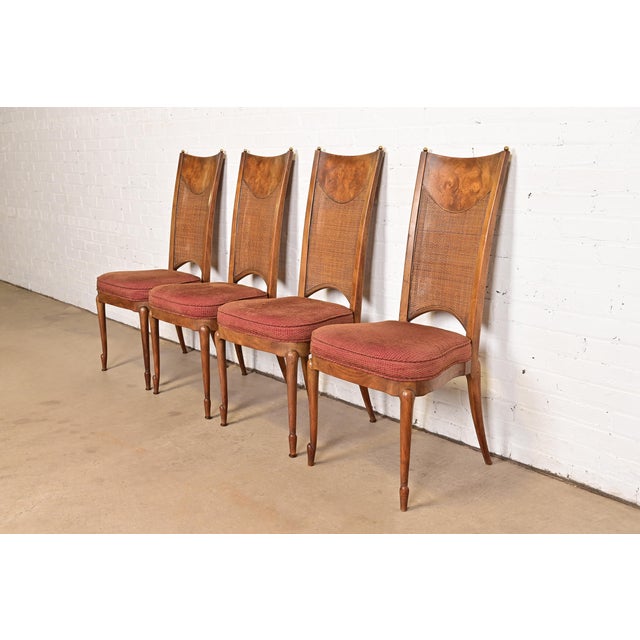 William Doezema for Mastercraft Mid-Century Modern Hollywood Regency Burl Wood and Cane Back Dining Chairs, Set of Four For Sale - Image 12 of 12