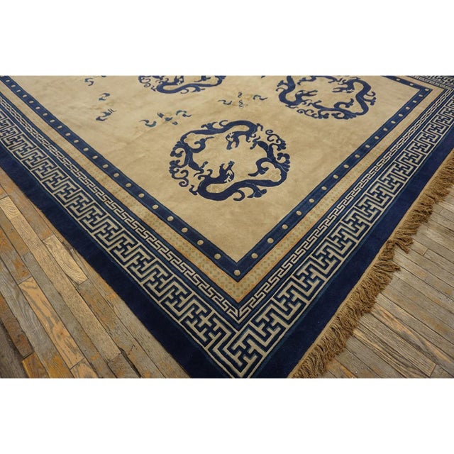 1920s Antique Chinese Medallion Dragon Ivory Room Size Wool Peking Knotted Rug For Sale - Image 10 of 11