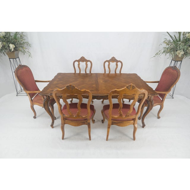 Country French Parquetry Top Table 6 Dining Chairs 2X22" Extension Board Leafs For Sale - Image 11 of 17