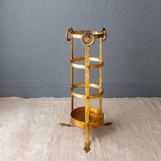 Gold Neoclassical Umbrella Stand of Gilded and Hammered Iron on Footed Base For Sale - Image 8 of 18
