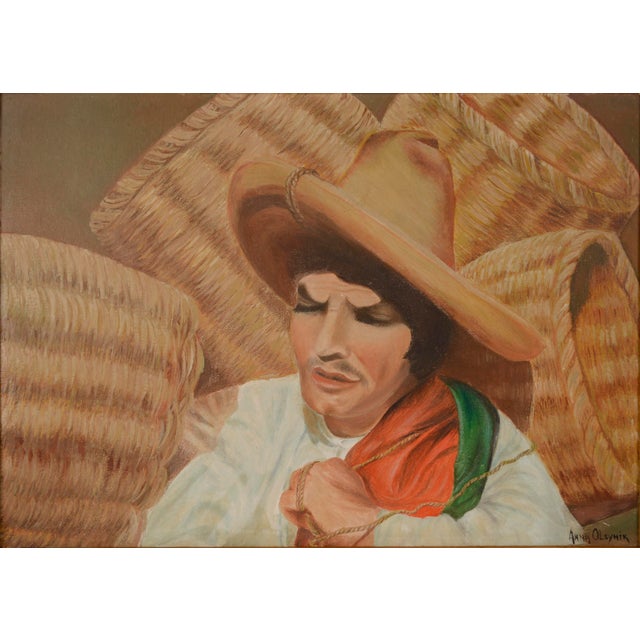 Basket Weaver with his Baskets for the Market 1950s figurative oil Expressive and detail portrait of a weaver and his...