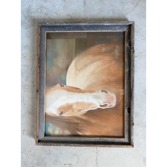 1980s Rich Maxey Oil Pastel Horse Portrait Painting in Rustic Wood Frame, Signed For Sale - Image 11 of 12