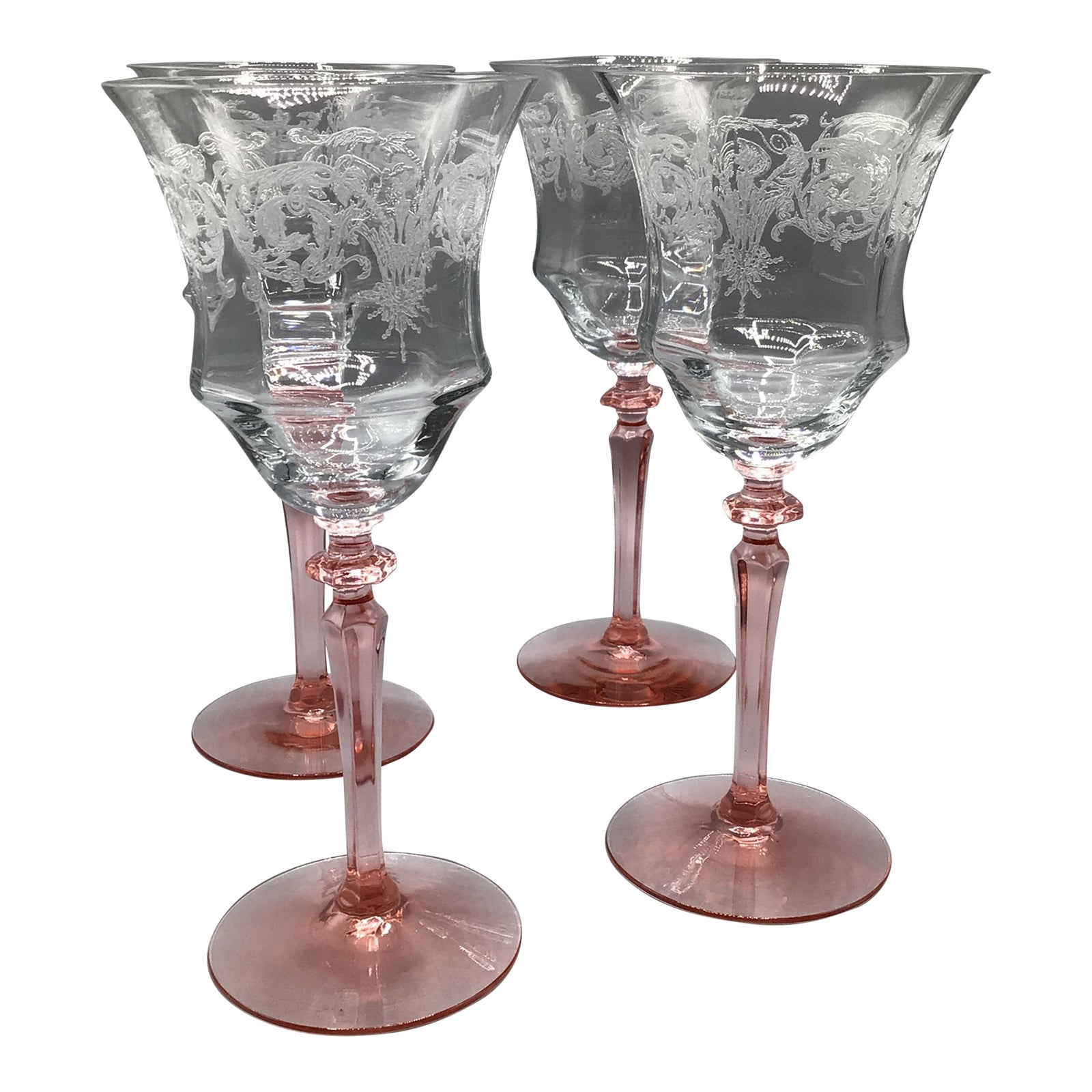 Vintage Central Glass Works "Balda" Clear Etched Pink Stemmed Glasses