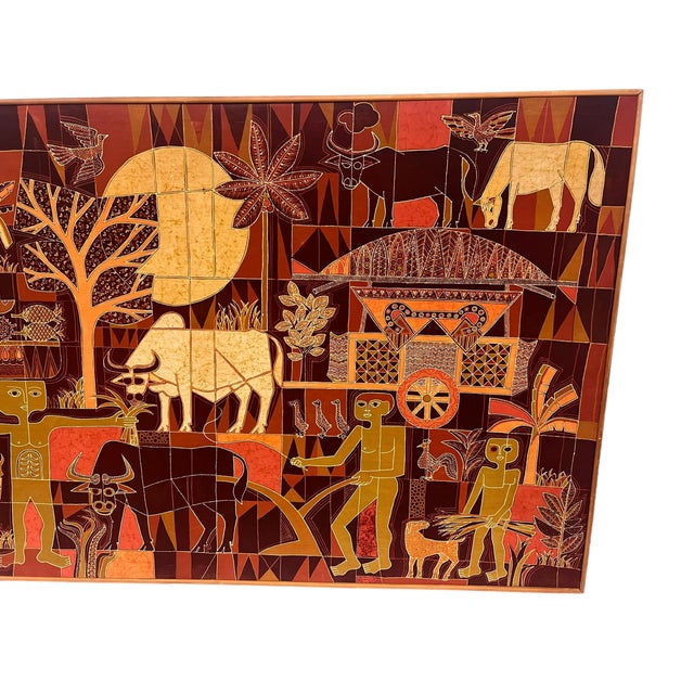 Mid-Century Modern Large Vintage Tribal Folk Art Batik Fabric Painting Art With Mid Century Modern Influence, Signed and Dated For Sale - Image 3 of 9