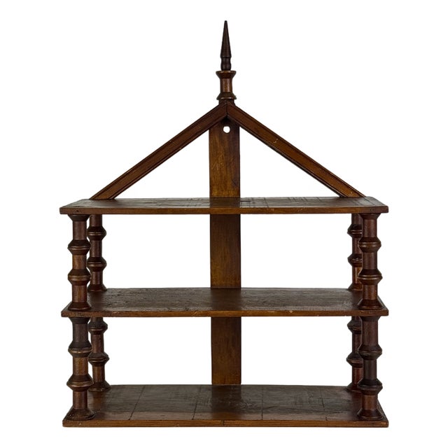 Unusually Marvelous Antique House Shaped Folk Art Primitive Spool Tri-Level Wooden Wall Shelf Unit For Sale