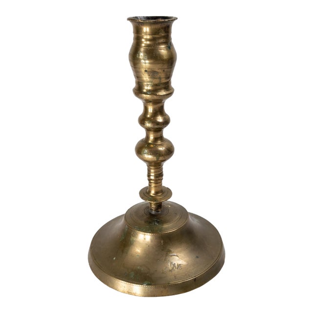 17th or 18th Century Rustic Make Do Brass Candlestick With Later Base For Sale