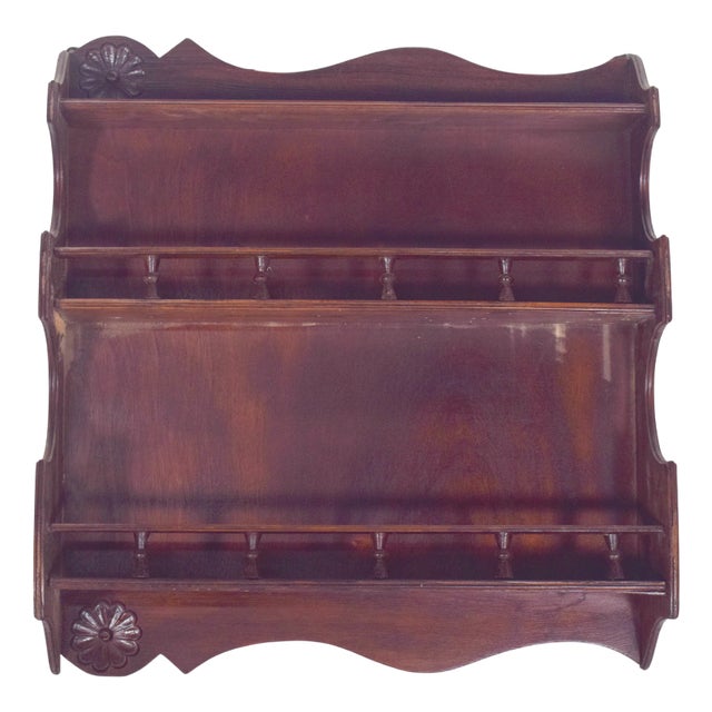 Portuguese Wooden Plate Rack with Carved Floral Motifs, 1950 For Sale