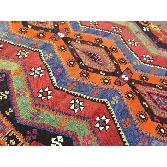 Textile Blue and Orange Vintage Turkish Kilim Rug - 64.5" X 110" For Sale - Image 7 of 10