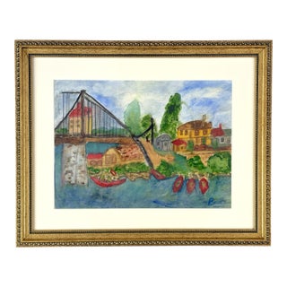 Original Signed and Framed Primitive Mixed Media Drawing Signed 'Belle' For Sale