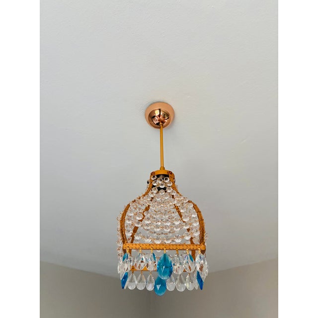 Vintage French Empire Brass & Crystal Pendant Light With Aqua Blue Drops - Pair Restored For Sale - Image 6 of 18