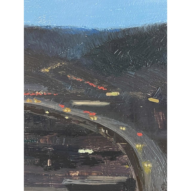 Violent Engines by Brad Davis | Oil on wood panel Landscape with a person viewing a sunset over a city. For Sale - Image 4 of 5