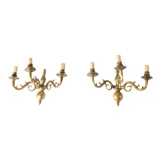 Italian Brass 3-Light Wall Lamps, 1950s, Set of 2 For Sale