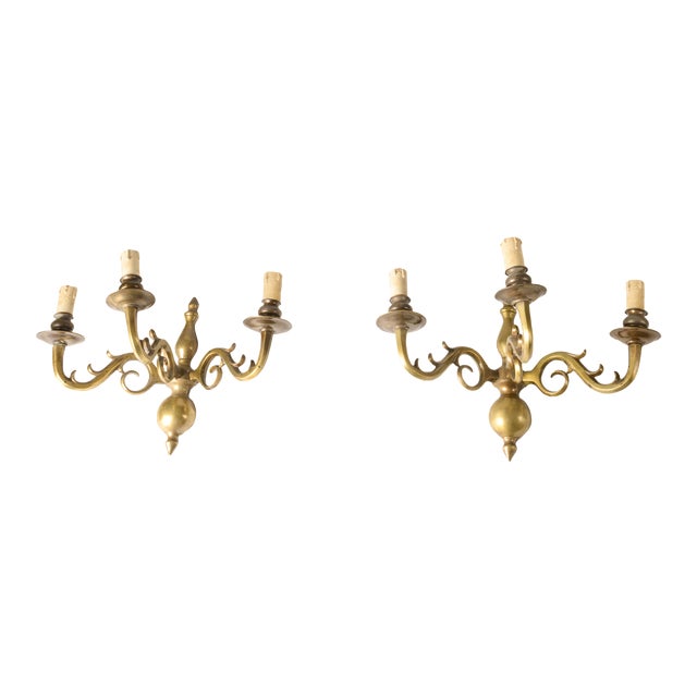 Italian Brass 3-Light Wall Lamps, 1950s, Set of 2 For Sale