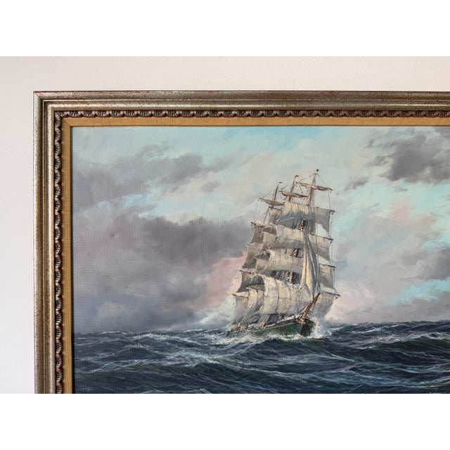 1970s 1970’s Edgar Freyberg (German/American, b.1927) Tall Ship at Sea Oil on Canvas Painting, Framed For Sale - Image 5 of 12