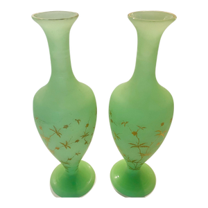 1930s French Green Opaline Glass Bottle Shaped Satin Vases with Gold Flowers- Set of 2