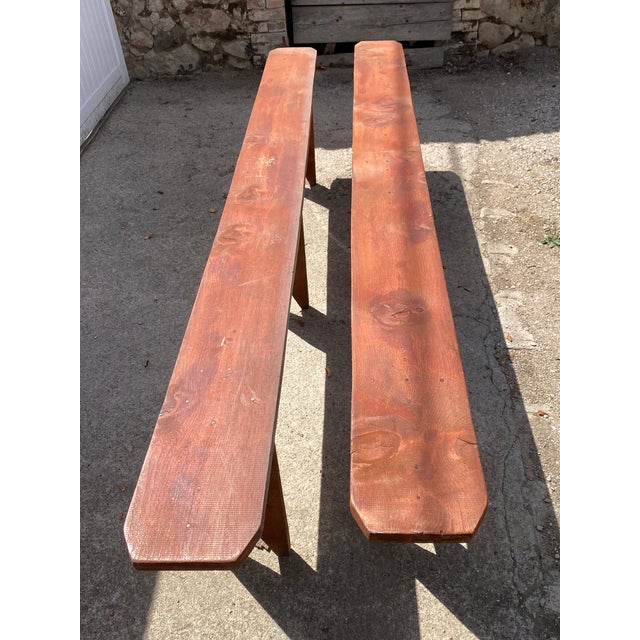 Rustic Farmhouse Wood Benches, 1950s, Set of 2 For Sale - Image 6 of 18