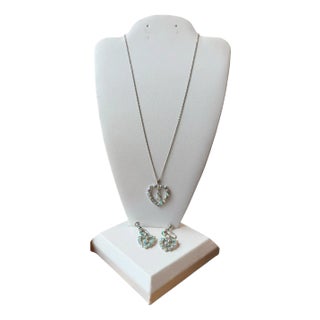 B David Aurora Borealis Rhinestone Earrings Necklace Heart Set Marked Sterling - 3 Pieces For Sale