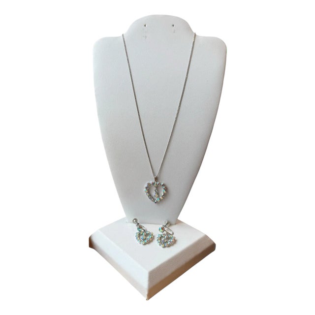 B David Aurora Borealis Rhinestone Earrings Necklace Heart Set Marked Sterling - 3 Pieces For Sale