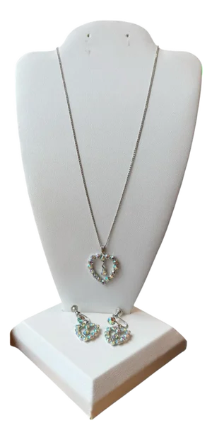 Mid 20th Century B David Aurora Borealis Rhinestone Earrings Necklace Heart Set Marked Sterling - 3 Pieces