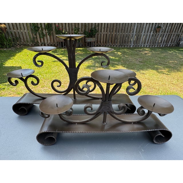 1980s 1980s Vintage Wrought Iron Candelabra Fireplace Mantel Candle Holders - A Pair For Sale - Image 5 of 9