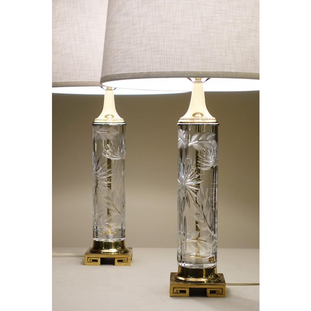 Hollywood Regency 1960s Matched Pair Large Dresden Hollywood Regency Cut Crystal Glass Brass Column Table Lamps - a Pair For Sale - Image 3 of 15