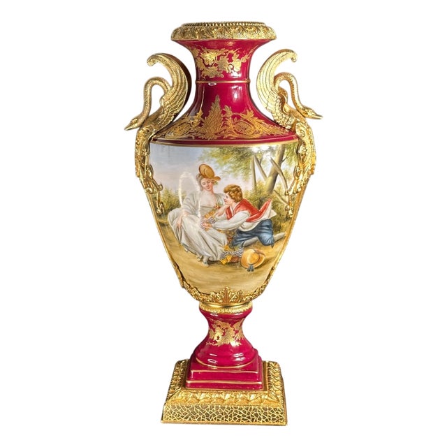 Vintage French Rococo Style Hand-Painted Porcelain Vase with Swan Handles and Gilded Details from Retier, 1920s For Sale