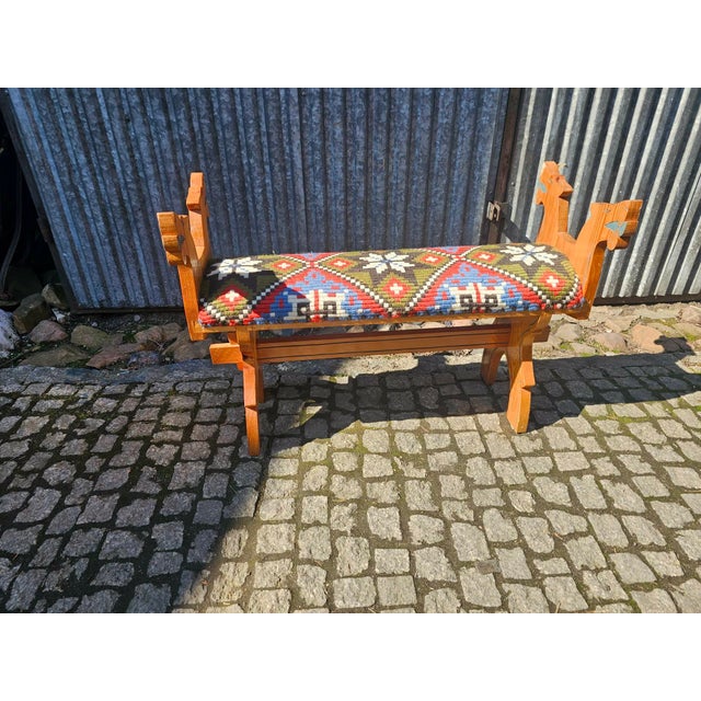 Folk Style Wooden Bench with Carved Dogs, 1960s For Sale - Image 9 of 9