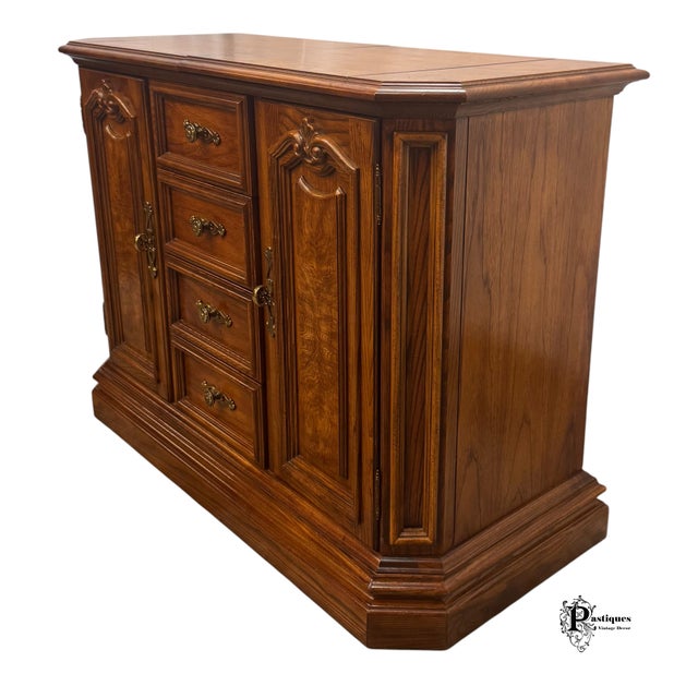 Vintage American of Martinsville French Country Style Oak & Burl Wood Flip Top Server / Storage Cabinet For Sale - Image 4 of 12