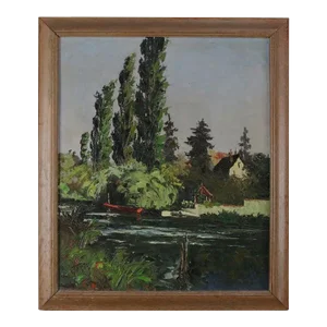 Oil on Canvas Riverscape Painting with Boat and Home, 20th Century