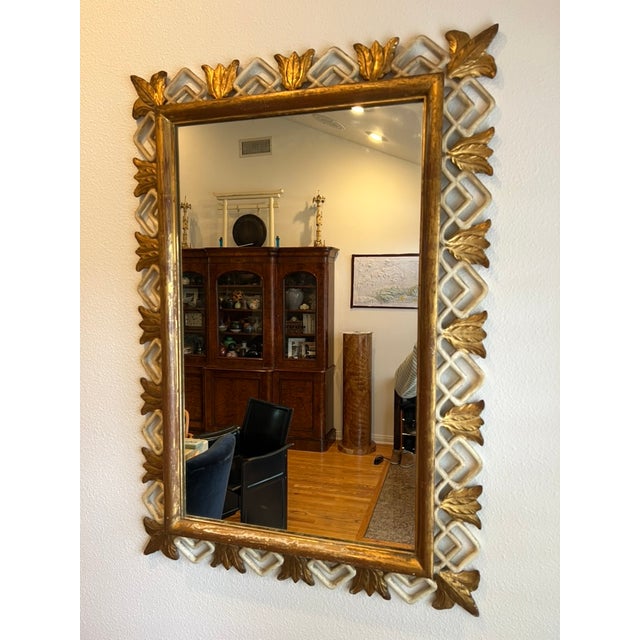 1960 Italian Hollywood Regency Giltwood Mirror With Hand-Carved Geometric & Floral Frame For Sale In Los Angeles - Image 6 of 13