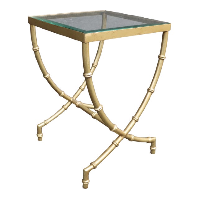 Hollywood Regency Faux Bamboo Glass Side Table For Sale