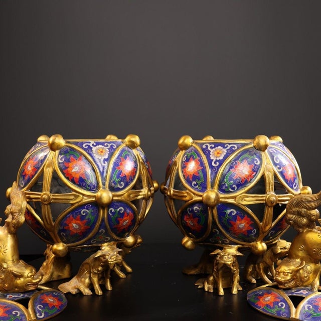 Metal Pair of Chinese Cloisonné Incense Burners | Gilt Bronze Lion & Brocade Ball Motif For Sale - Image 7 of 9