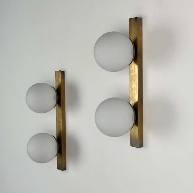 Stilnovo Stilnovo Brass and Opaline Glass Double Sconces, Italy, 1960s, Set of 2 For Sale - Image 4 of 18