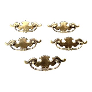 Vintage Mid 20th Century Chippendale Drawer Pull Handle Brass Hardware - Set of 5 For Sale