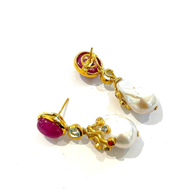 Bochic "Orient" Ruby, Topaz & Multi Fancy Sapphire Earrings 18K Gold & Silver For Sale - Image 4 of 6
