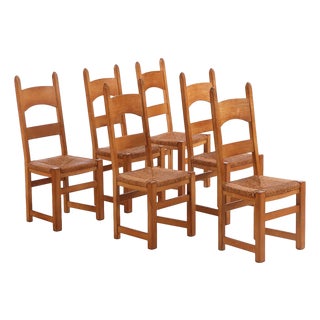 1950s French Oak & Rush Ladder-Back Dining Chairs - Set of Six For Sale