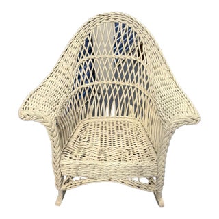 Vintage Bar Harbor Wicker Armchair – White Coastal Cottage Rocking Chair For Sale