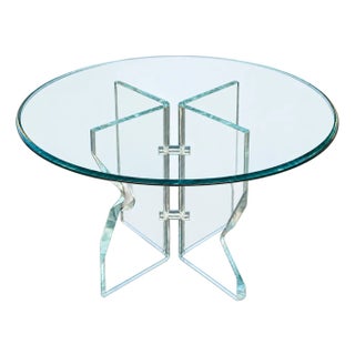 Postmodern 50" Round Glass Dining Table With Sculptural Interlocking Lucite Pedestal Base, Late 20th Century For Sale